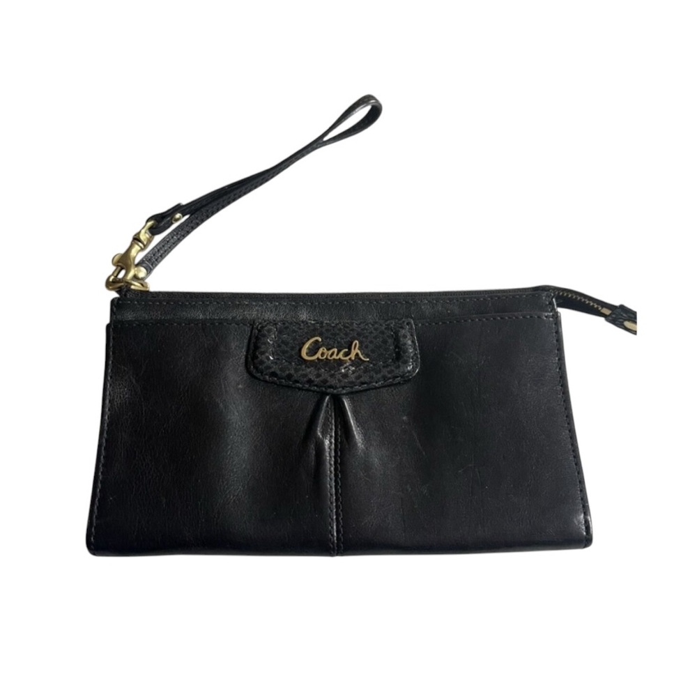 Coach Madison Black Leather Pleated Zipper Wristlet Wallet